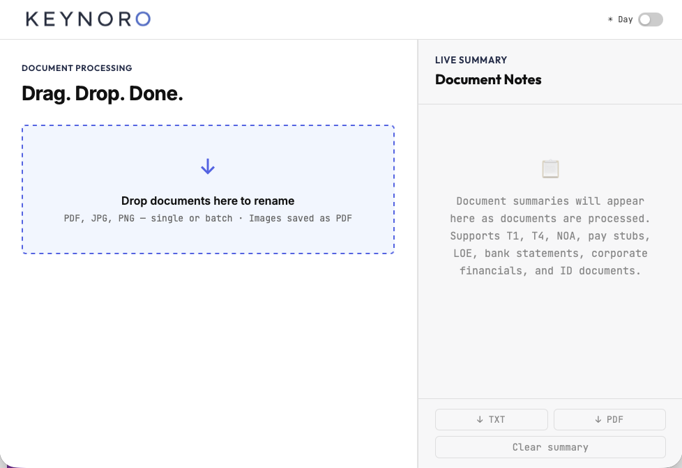 KEYNORO application screenshot showing the document processing drop zone and live document notes summary panel